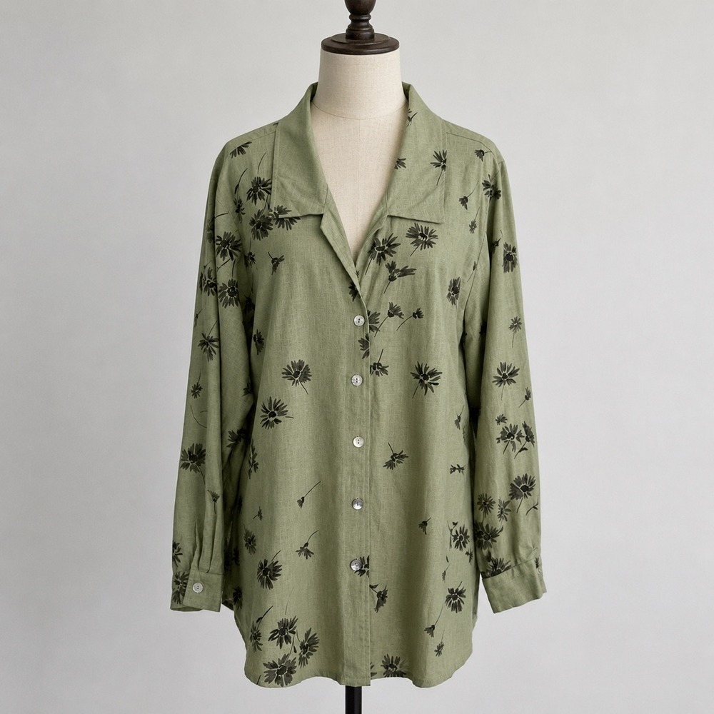 Vintage Outfit Woman JPR 100% Linen Green Floral Button Down Shirt 1X Tunic